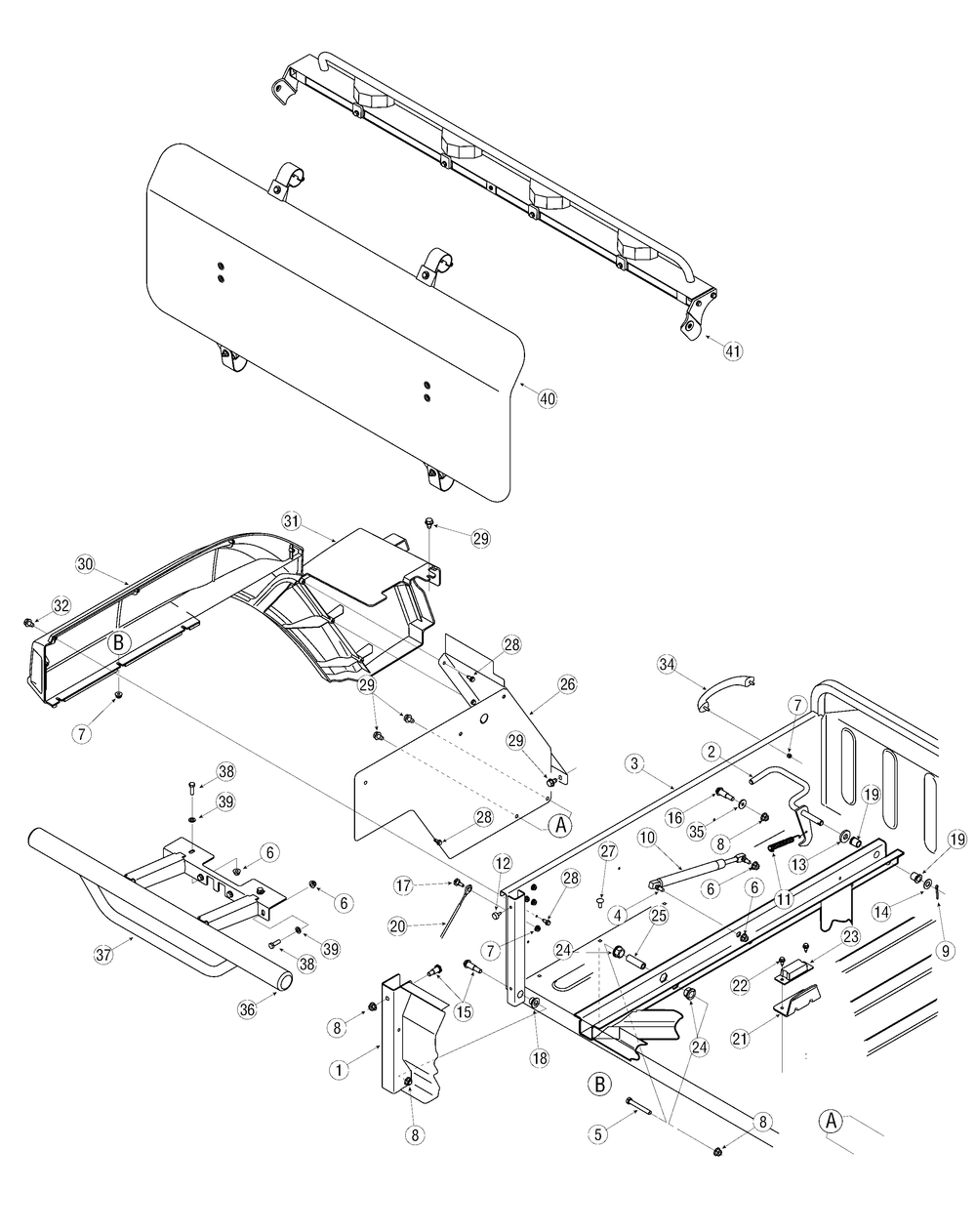 Rear Left Fender And Cargo Bed Diagram and Parts List for 467 4X4-1B027G-1B028G-37ACD710-After Cub Cadet Lawn Tractor Accessories